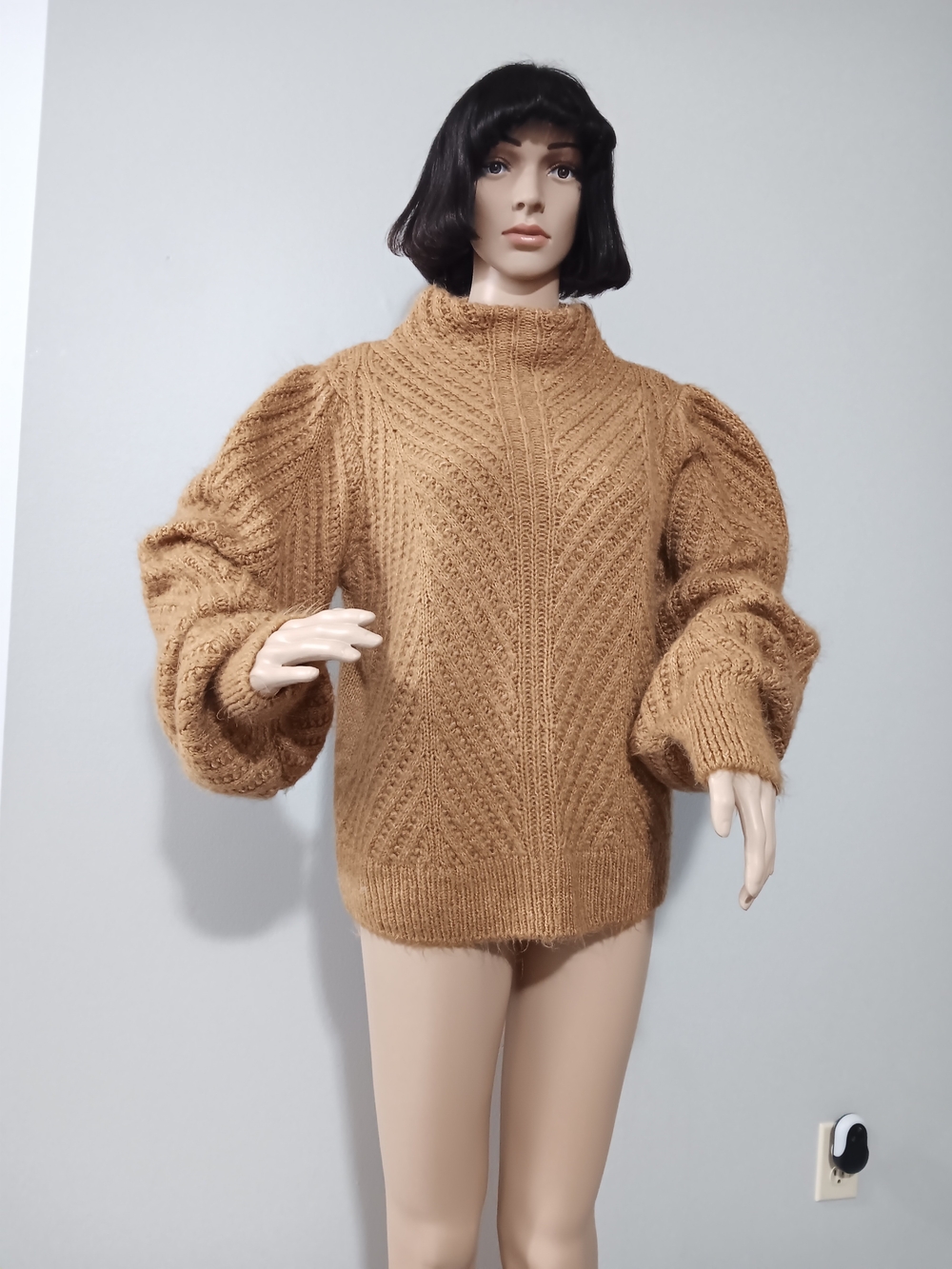 Textured Camel Cowl-Neck Balloon Sleeve Sweater